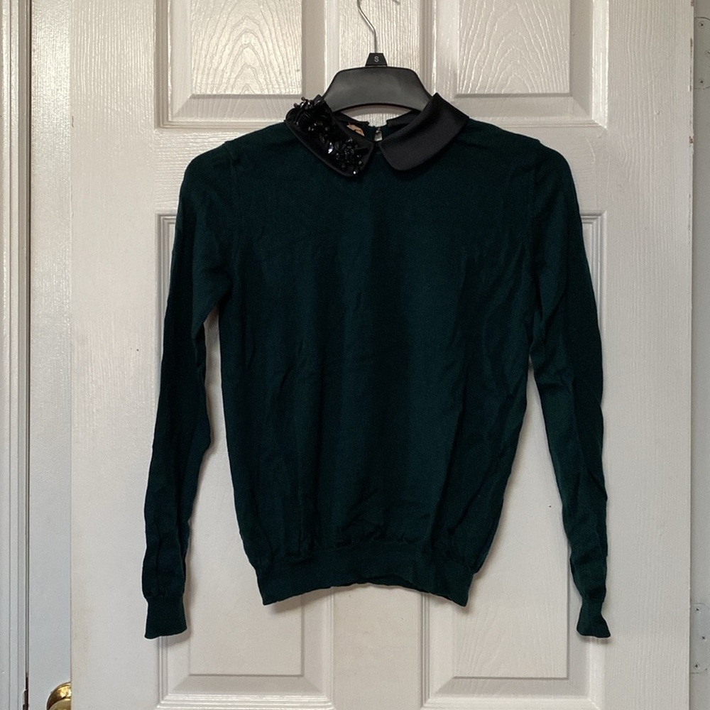 No. 21 Emerald Green Wool Sweater Black Beaded Detectable Peter-pan Collar